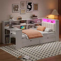 Twin/Full Corner Bed with Storage Shelves & Drawers, Wood Corner Bed Frame with Charging Station & LED, Desk & Upholstered Headboard