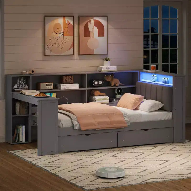 Lit d'angle beige/gris avec rangement, LED et bureau – Lit simple/double, 1 personne