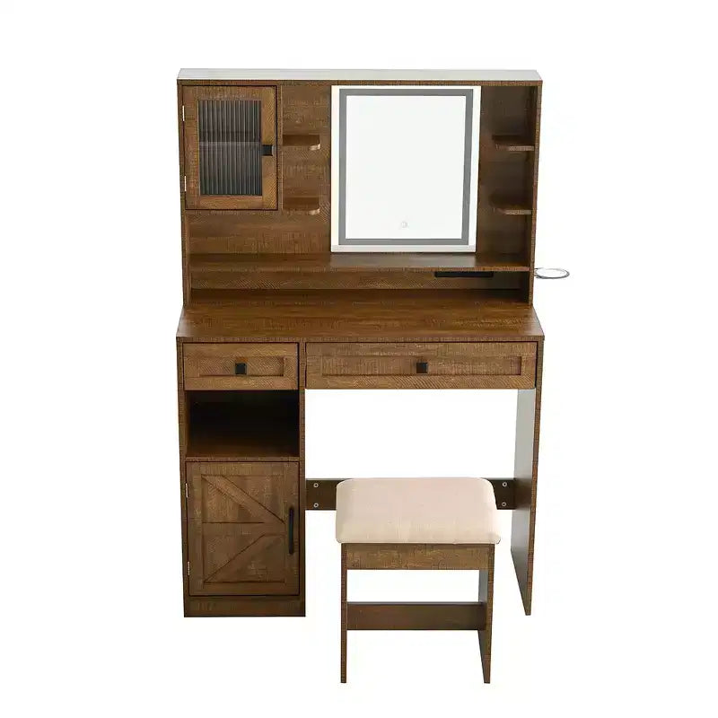Coiffeuse de ferme marron rustique / blanche avec miroir et tabouret, ensemble 2 pièces