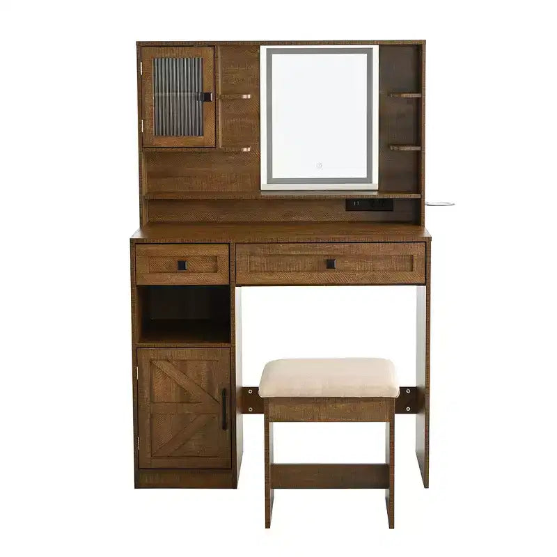 Coiffeuse de ferme marron rustique / blanche avec miroir et tabouret, ensemble 2 pièces