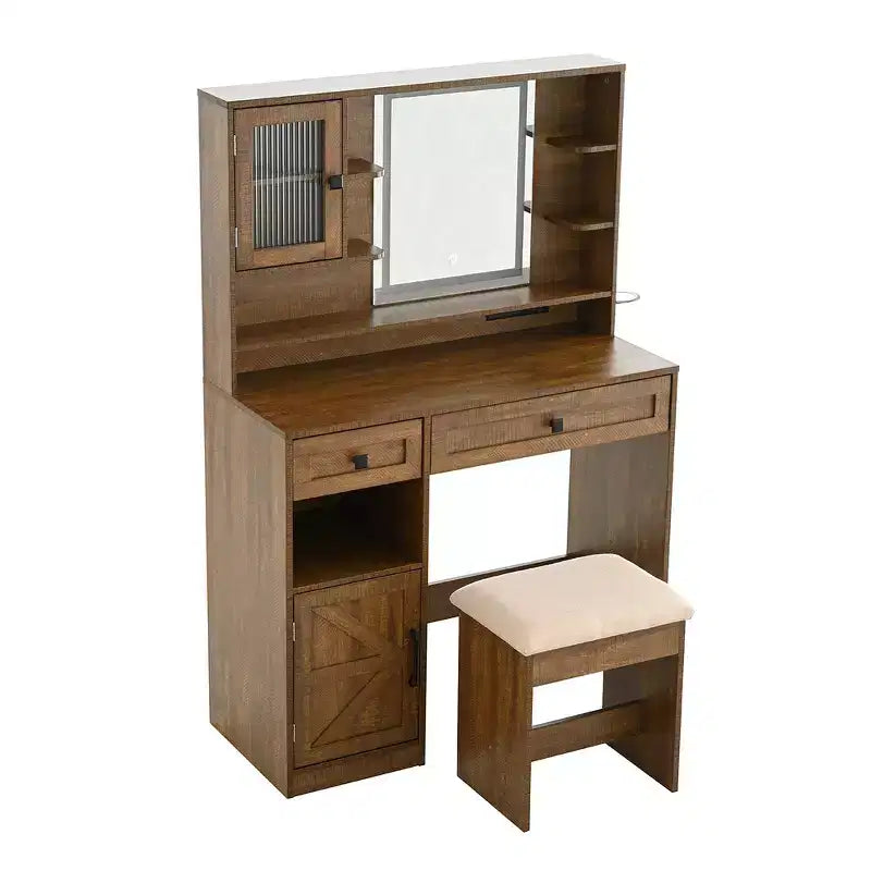 Coiffeuse de ferme marron rustique / blanche avec miroir et tabouret, ensemble 2 pièces