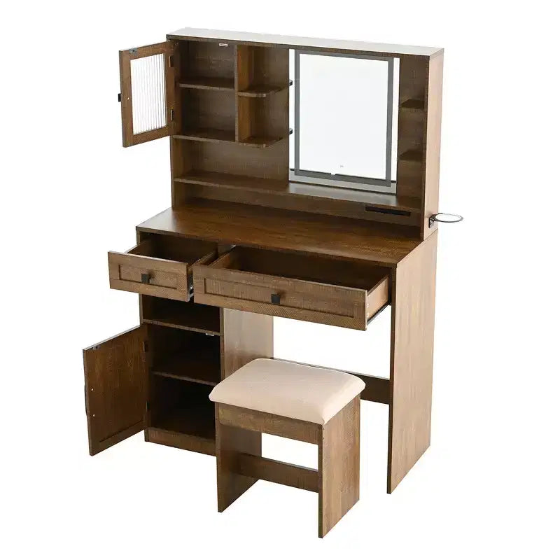 Coiffeuse de ferme marron rustique / blanche avec miroir et tabouret, ensemble 2 pièces