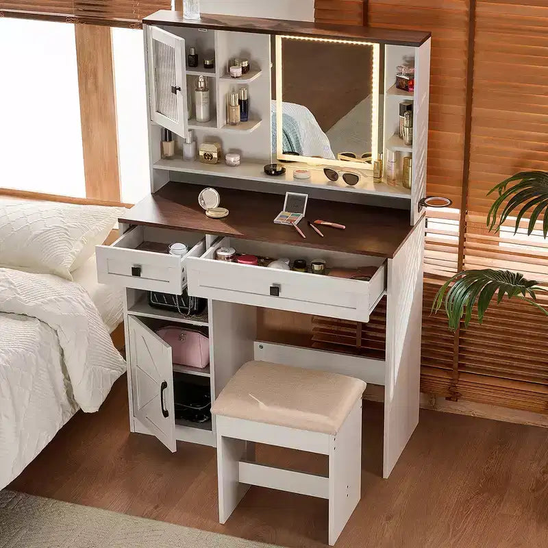Coiffeuse de ferme marron rustique / blanche avec miroir et tabouret, ensemble 2 pièces