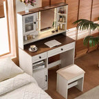 Coiffeuse de ferme marron rustique / blanche avec miroir et tabouret, ensemble 2 pièces
