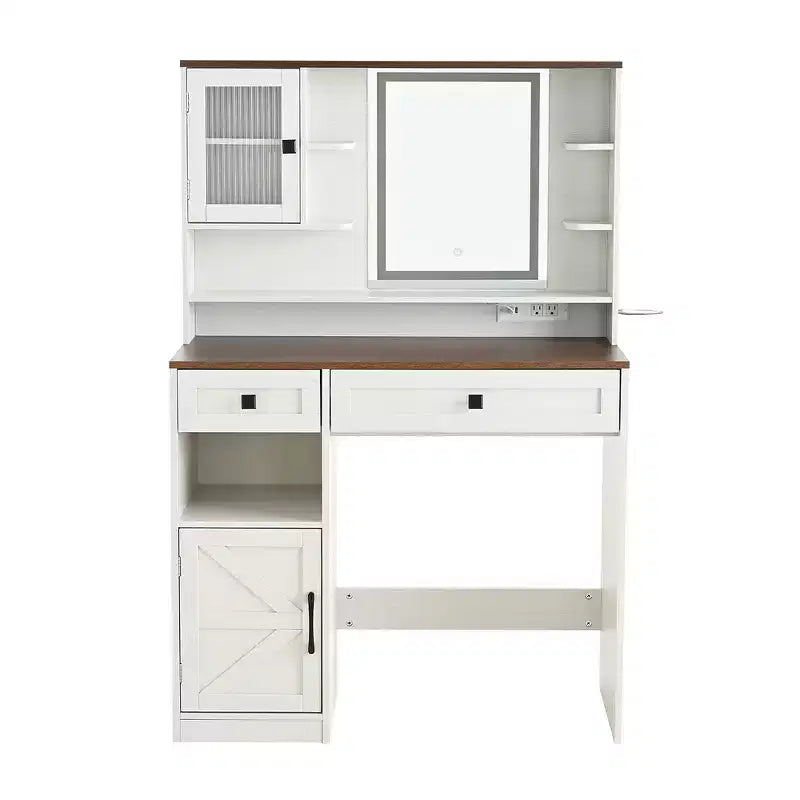 Coiffeuse de ferme marron rustique / blanche avec miroir et tabouret, ensemble 2 pièces