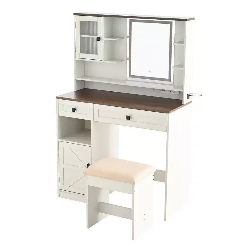 Coiffeuse de ferme marron rustique / blanche avec miroir et tabouret, ensemble 2 pièces