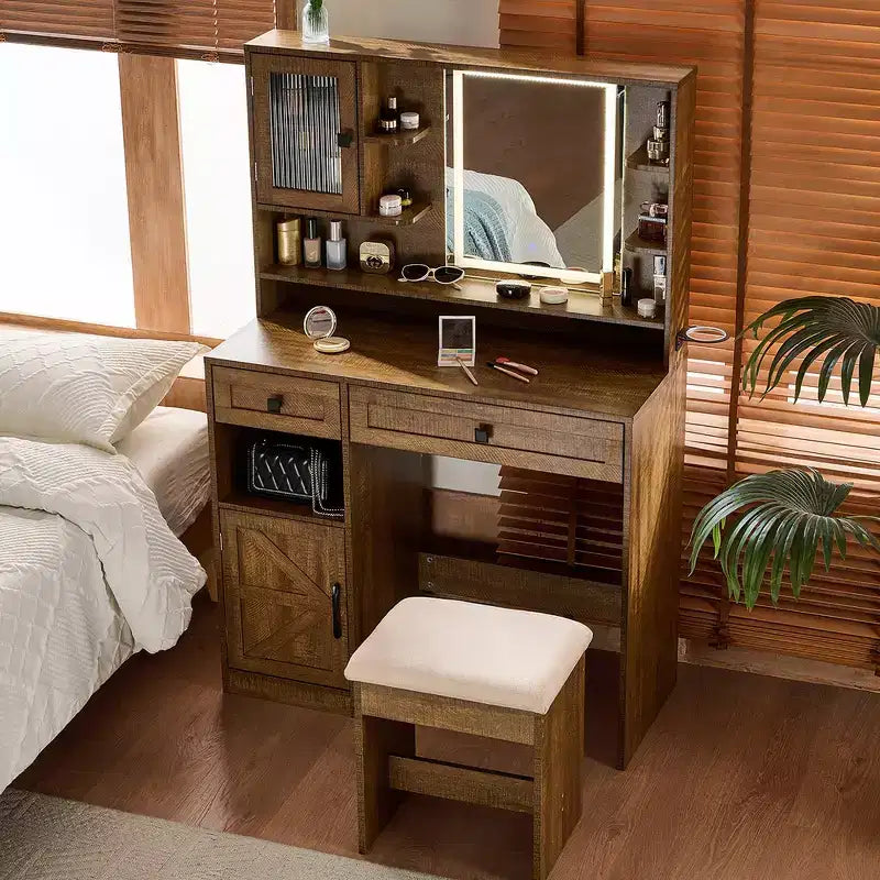 Coiffeuse de ferme marron rustique / blanche avec miroir et tabouret, ensemble 2 pièces