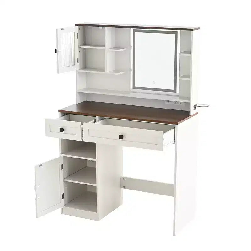Coiffeuse de ferme marron rustique / blanche avec miroir et tabouret, ensemble 2 pièces