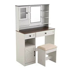 Coiffeuse de ferme marron rustique / blanche avec miroir et tabouret, ensemble 2 pièces