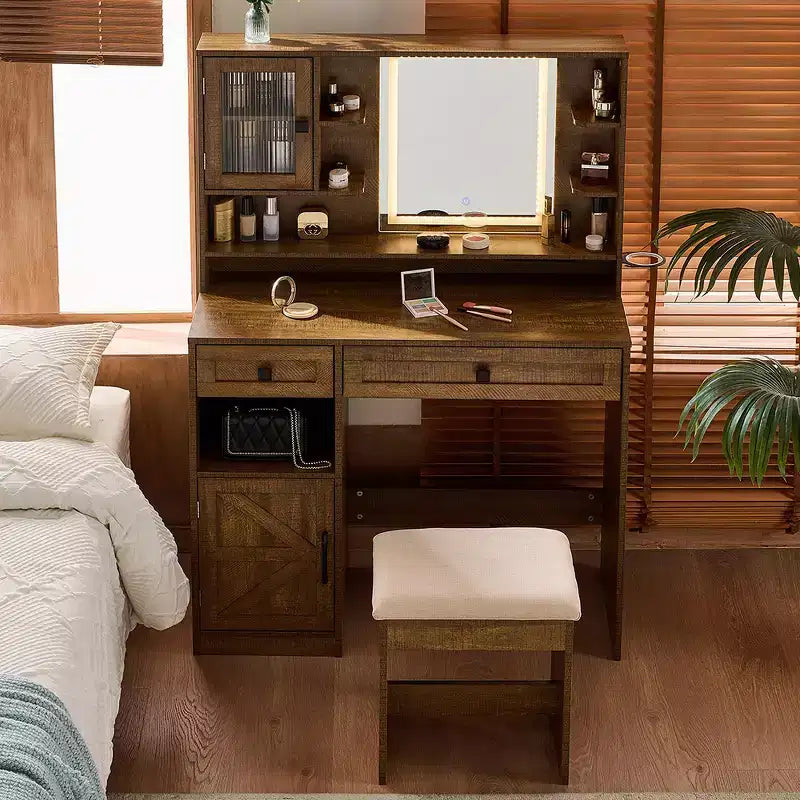 Coiffeuse de ferme marron rustique / blanche avec miroir et tabouret, ensemble 2 pièces