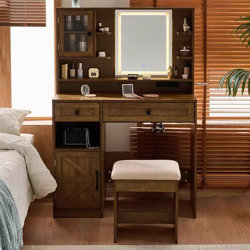 Coiffeuse de ferme marron rustique / blanche avec miroir et tabouret, ensemble 2 pièces