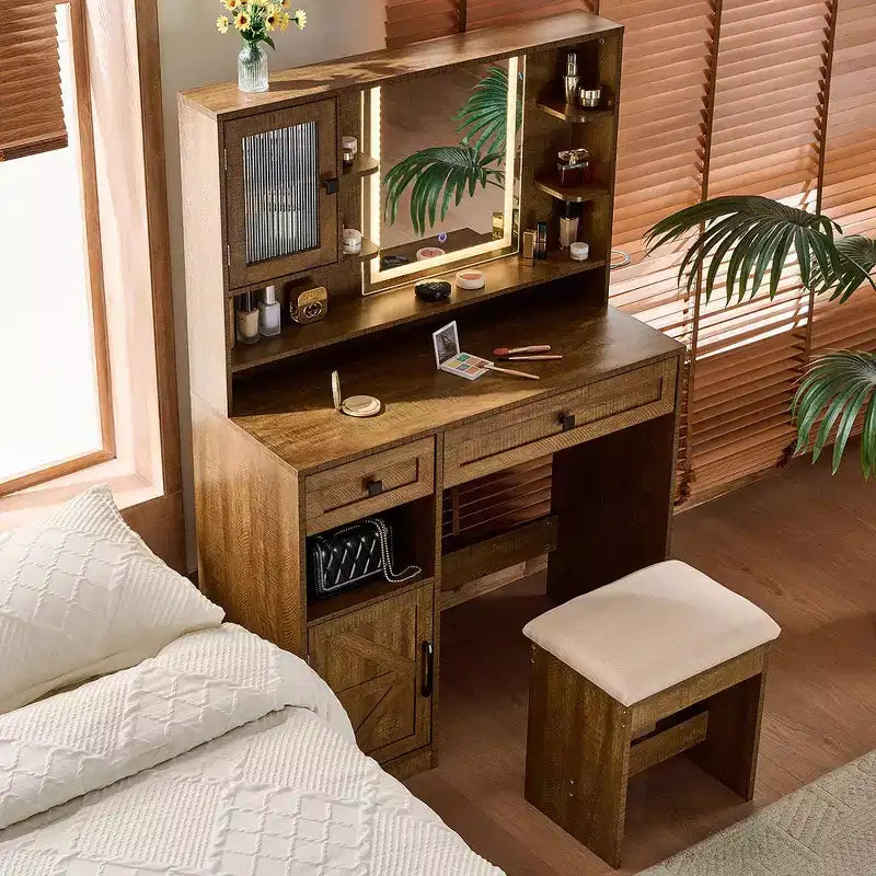 Whisen Farmhouse Makeup Vanity Desk, Dressing Table Set with Mirror, Stool, Drawers, Shelves and Side Cabinet