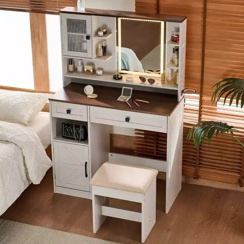 Coiffeuse de ferme marron rustique / blanche avec miroir et tabouret, ensemble 2 pièces