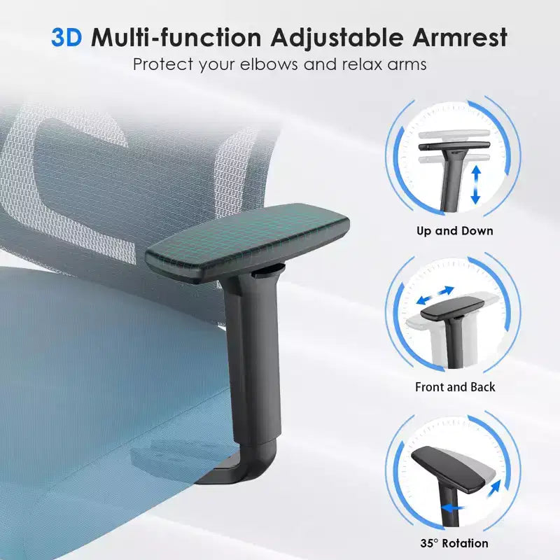 Chaise de bureau ergonomique en maille noire/bleue/grise avec support lombaire, appui-tête réglable et accoudoirs 3D, 1 place