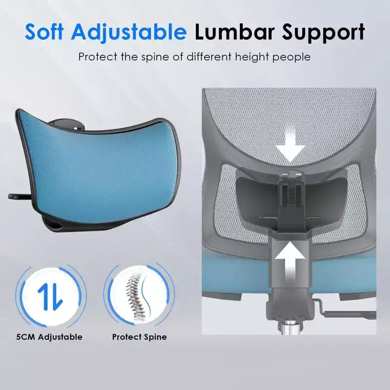 Chaise de bureau ergonomique en maille noire/bleue/grise avec support lombaire, appui-tête réglable et accoudoirs 3D, 1 place