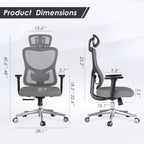 Chaise de bureau ergonomique en maille noire/bleue/grise avec support lombaire, appui-tête réglable et accoudoirs 3D, 1 place