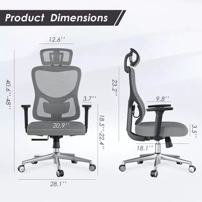 Chaise de bureau ergonomique en maille noire/bleue/grise avec support lombaire, appui-tête réglable et accoudoirs 3D, 1 place