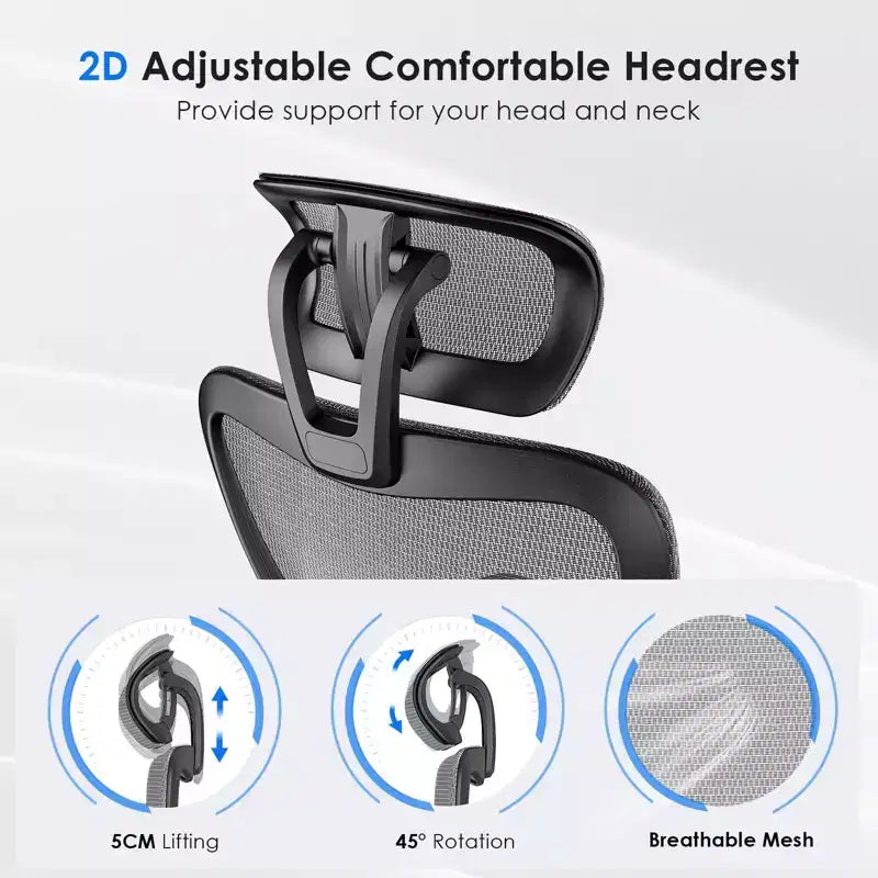 Chaise de bureau ergonomique en maille noire/bleue/grise avec support lombaire, appui-tête réglable et accoudoirs 3D, 1 place