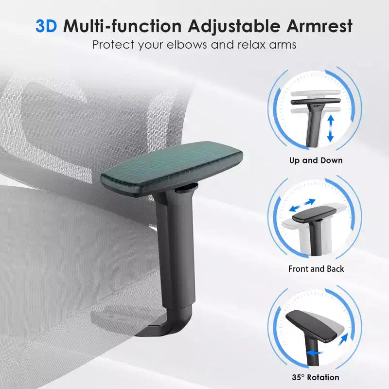 Chaise de bureau ergonomique en maille noire/bleue/grise avec support lombaire, appui-tête réglable et accoudoirs 3D, 1 place