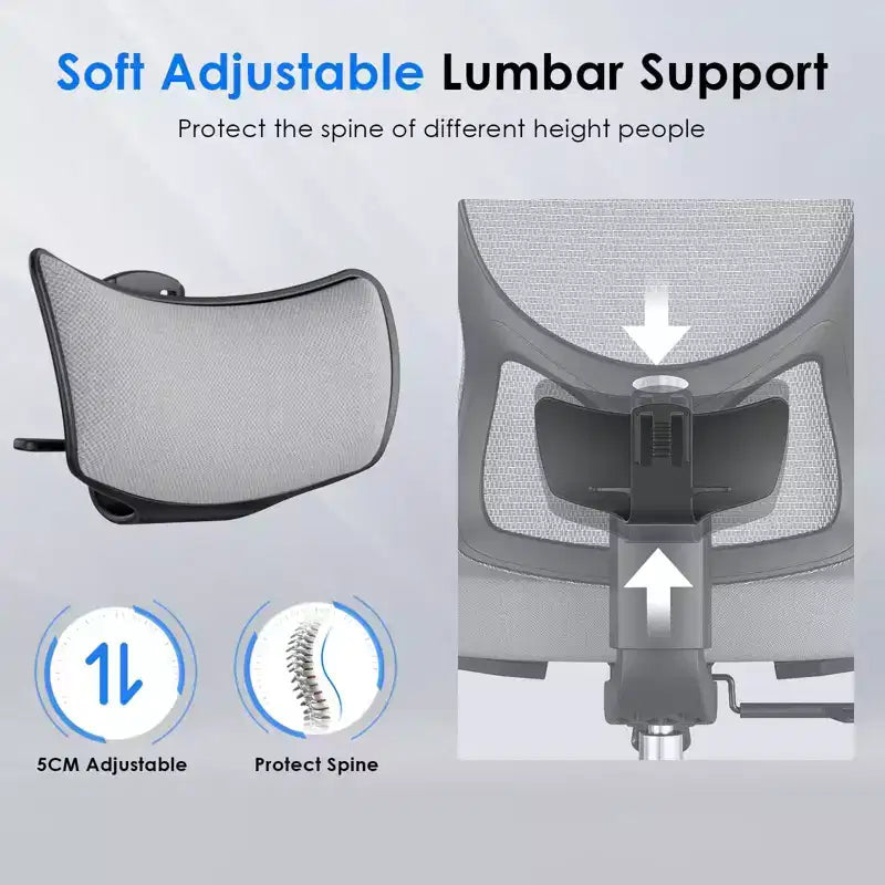 Chaise de bureau ergonomique en maille noire/bleue/grise avec support lombaire, appui-tête réglable et accoudoirs 3D, 1 place