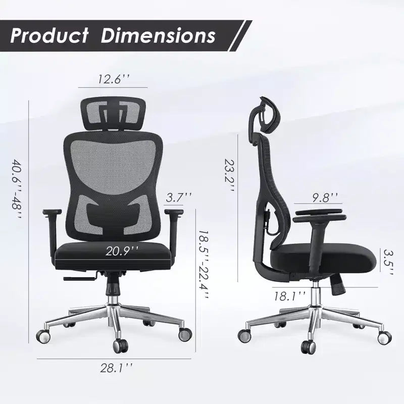 Chaise de bureau ergonomique en maille noire/bleue/grise avec support lombaire, appui-tête réglable et accoudoirs 3D, 1 place