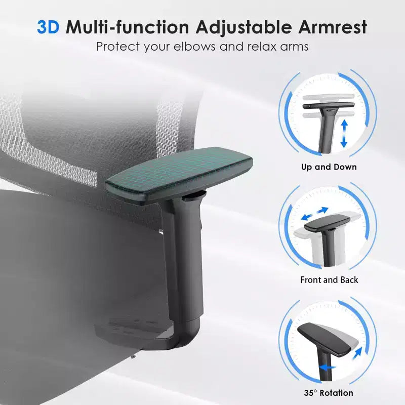 Chaise de bureau ergonomique en maille noire/bleue/grise avec support lombaire, appui-tête réglable et accoudoirs 3D, 1 place