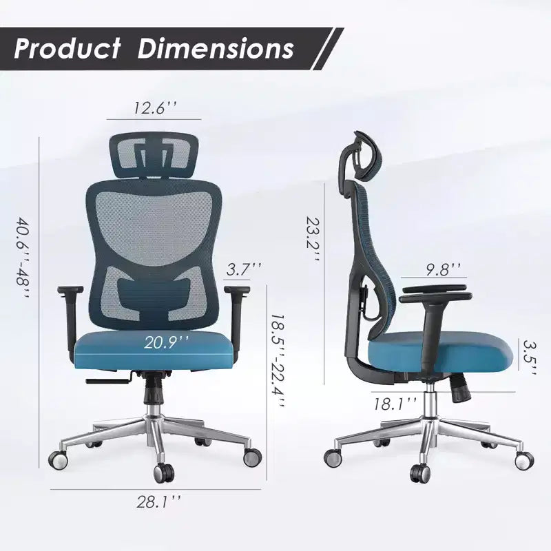 Chaise de bureau ergonomique en maille noire/bleue/grise avec support lombaire, appui-tête réglable et accoudoirs 3D, 1 place