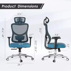 Chaise de bureau ergonomique en maille noire/bleue/grise avec support lombaire, appui-tête réglable et accoudoirs 3D, 1 place