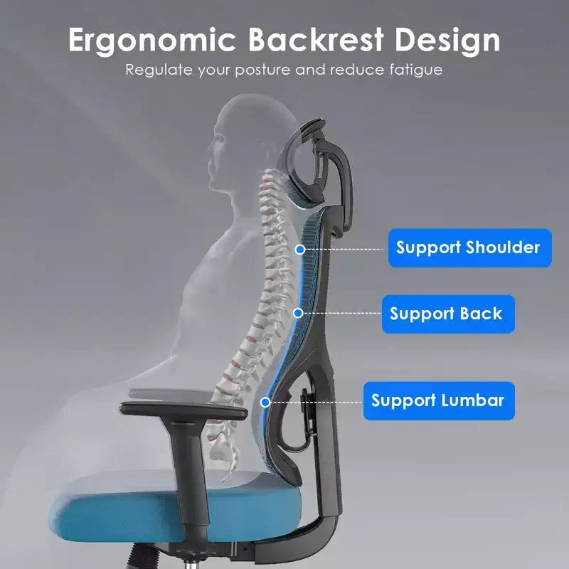 Chaise de bureau ergonomique en maille noire/bleue/grise avec support lombaire, appui-tête réglable et accoudoirs 3D, 1 place