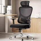Chaise de bureau ergonomique en maille noire/bleue/grise avec support lombaire, appui-tête réglable et accoudoirs 3D, 1 place