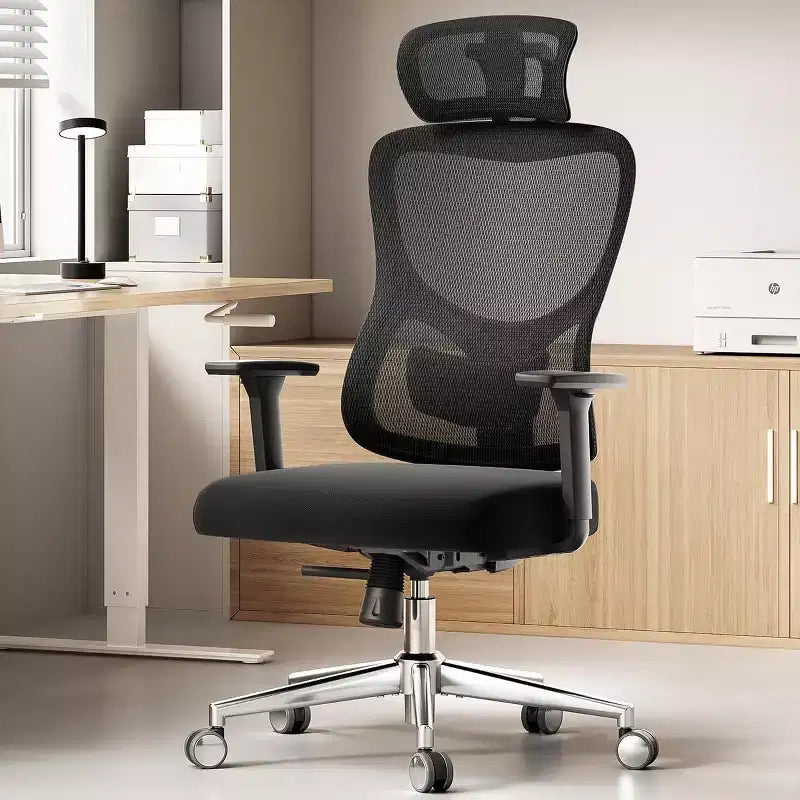 Chaise de bureau ergonomique en maille noire/bleue/grise avec support lombaire, appui-tête réglable et accoudoirs 3D, 1 place