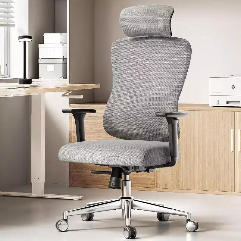 Chaise de bureau ergonomique en maille noire/bleue/grise avec support lombaire, appui-tête réglable et accoudoirs 3D, 1 place
