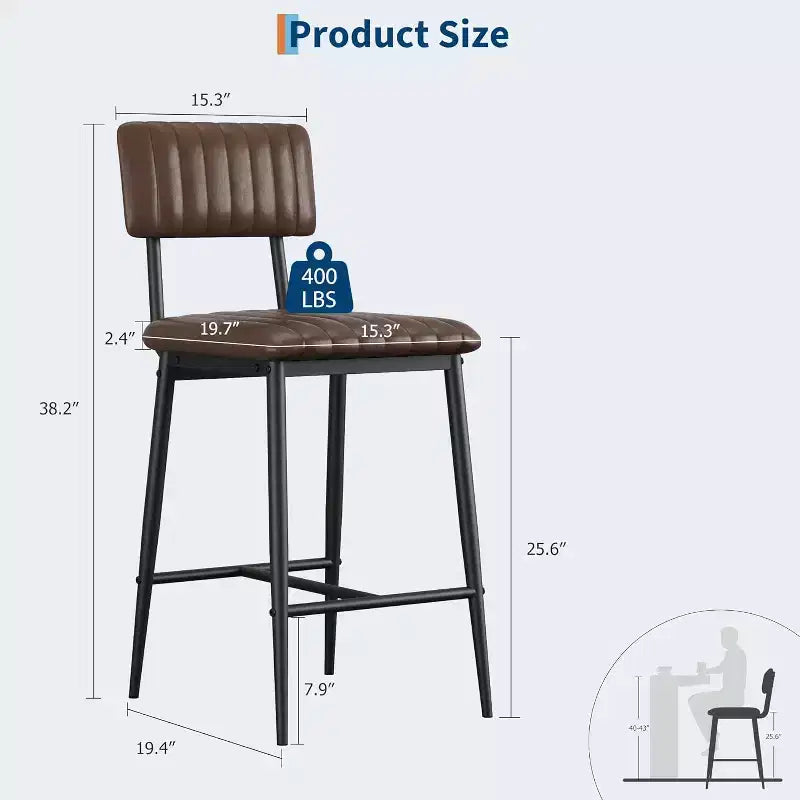 Tabouret de bar en cuir marron avec dossier et repose-pieds – Hauteur comptoir, 2/3/4 places