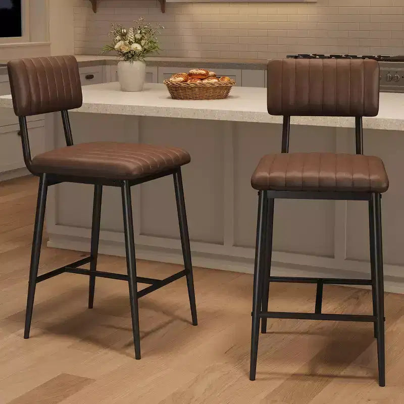 Tabouret de bar en cuir marron avec dossier et repose-pieds – Hauteur comptoir, 2/3/4 places