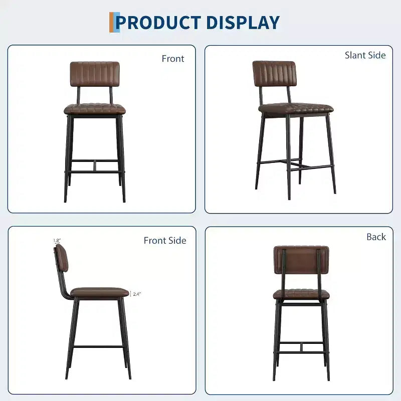 Tabouret de bar en cuir marron avec dossier et repose-pieds – Hauteur comptoir, 2/3/4 places