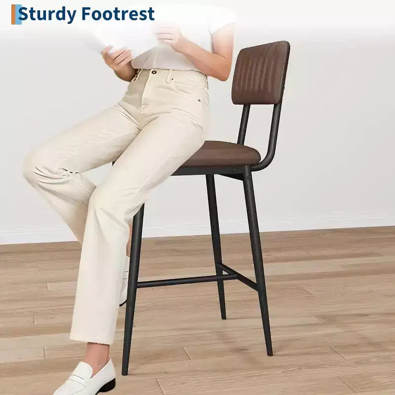 Tabouret de bar en cuir marron avec dossier et repose-pieds – Hauteur comptoir, 2/3/4 places
