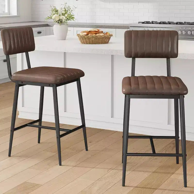 Tabouret de bar en cuir marron avec dossier et repose-pieds – Hauteur comptoir, 2/3/4 places