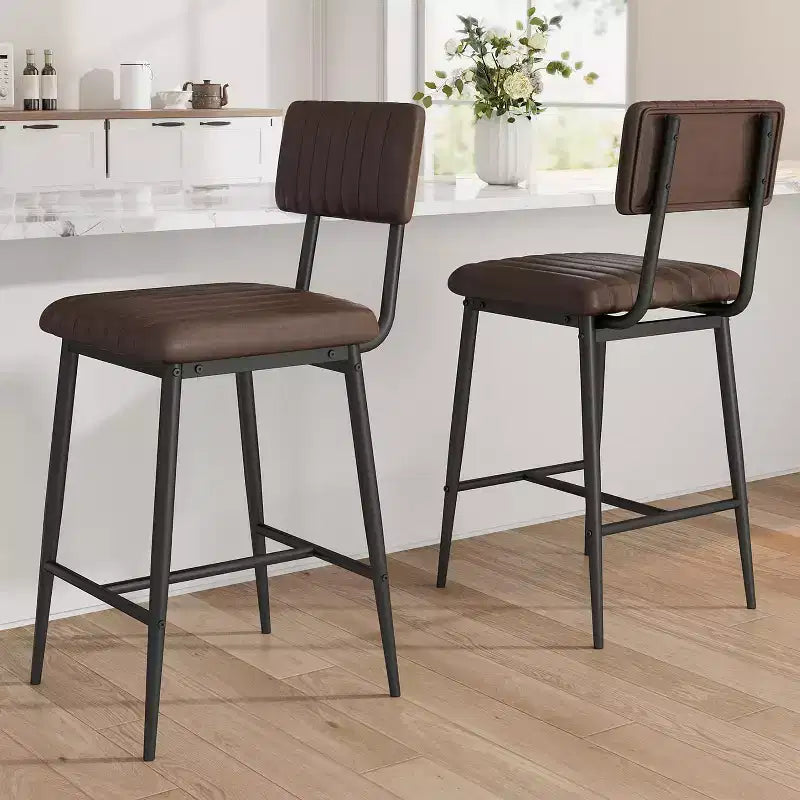 Tabouret de bar en cuir marron avec dossier et repose-pieds – Hauteur comptoir, 2/3/4 places