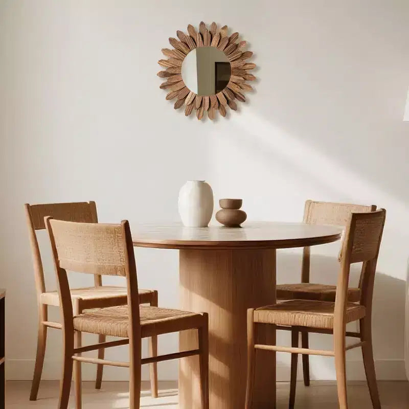 Miroir Mural Rond Marron Sunburst, Cadre en Bois Bohème, Simple
