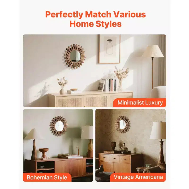 Miroir Mural Rond Marron Sunburst, Cadre en Bois Bohème, Simple