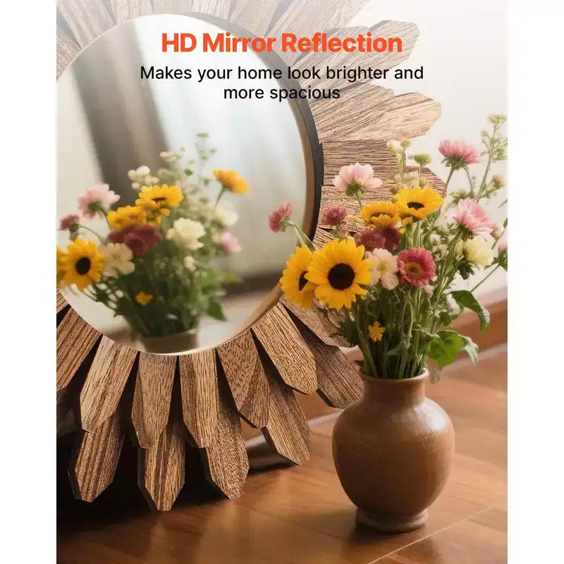 Miroir Mural Rond Marron Sunburst, Cadre en Bois Bohème, Simple