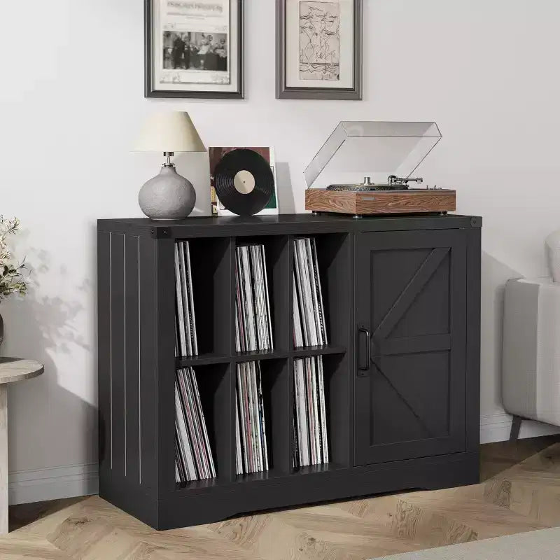 Farmhouse Record Player Stand with Barn Door, Vinyl Storage Cabinet for 750 Albums, Turntable Table with Display Shelves, Wooden Media Console