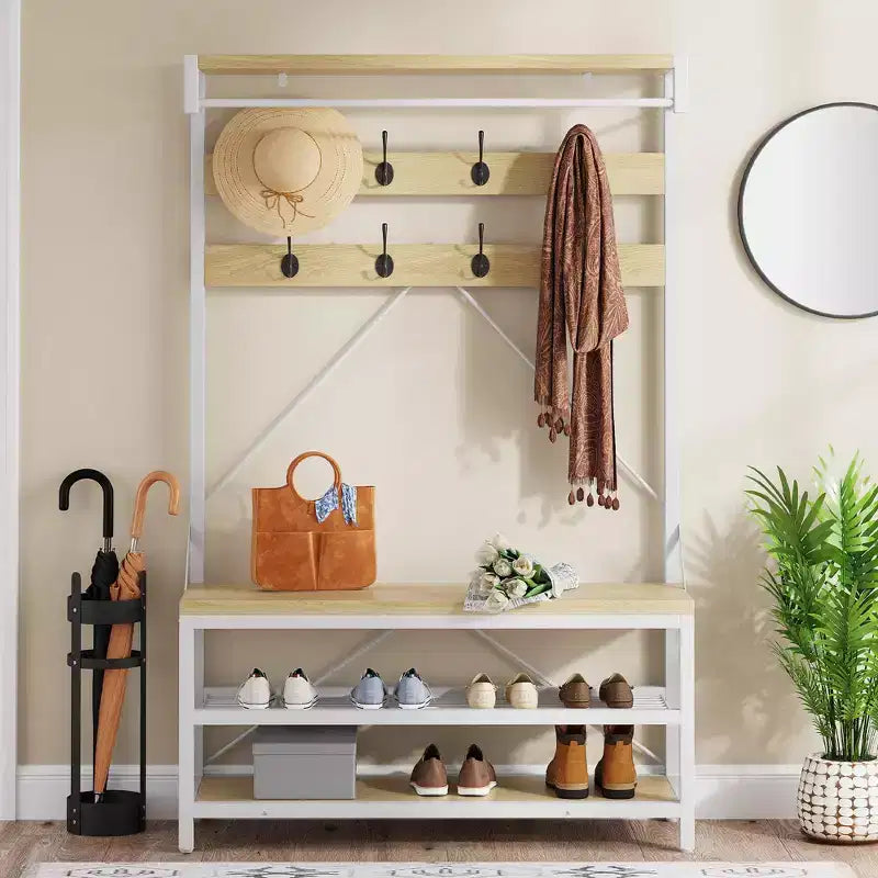 Porte-manteau d'entrée industriel blanc/naturel avec banc à chaussures, 8 crochets, simple