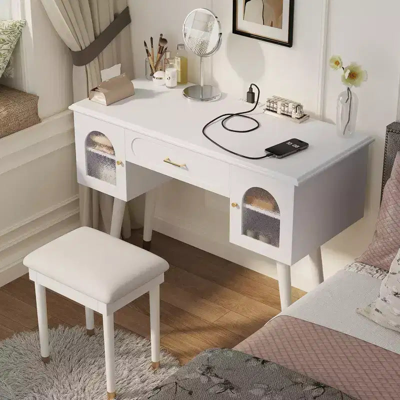 Coiffeuse noire et blanche avec tabouret rembourré, ensemble 2 pièces