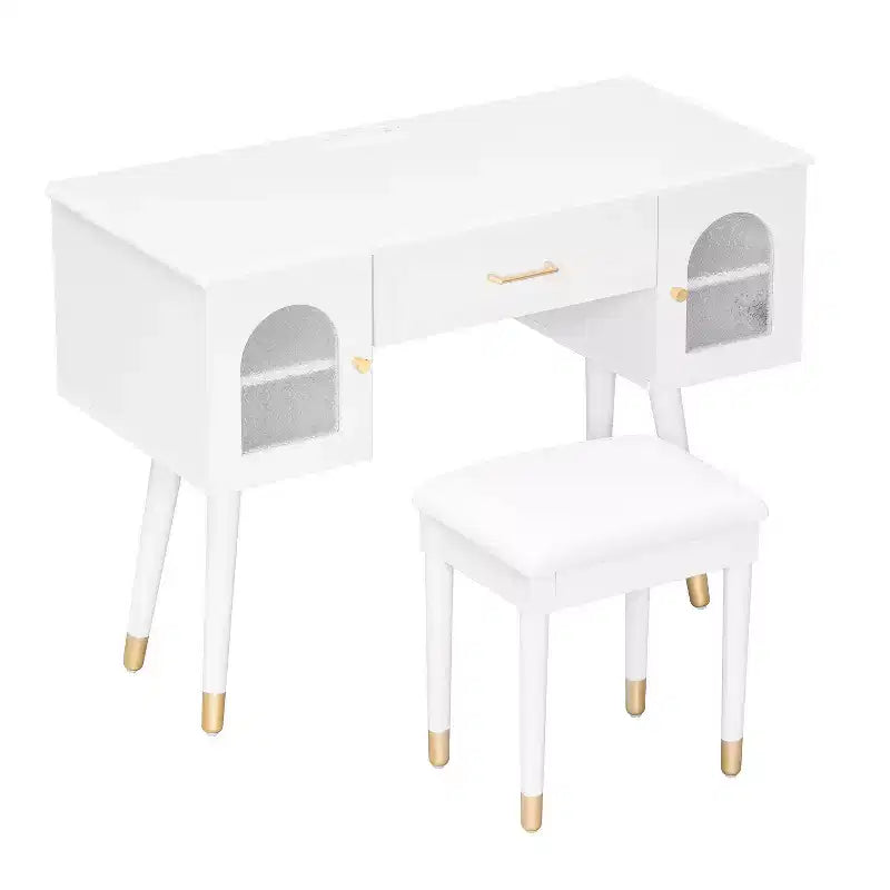 Coiffeuse noire et blanche avec tabouret rembourré, ensemble 2 pièces