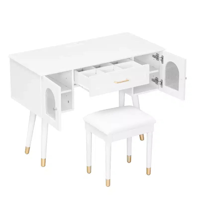 Coiffeuse noire et blanche avec tabouret rembourré, ensemble 2 pièces