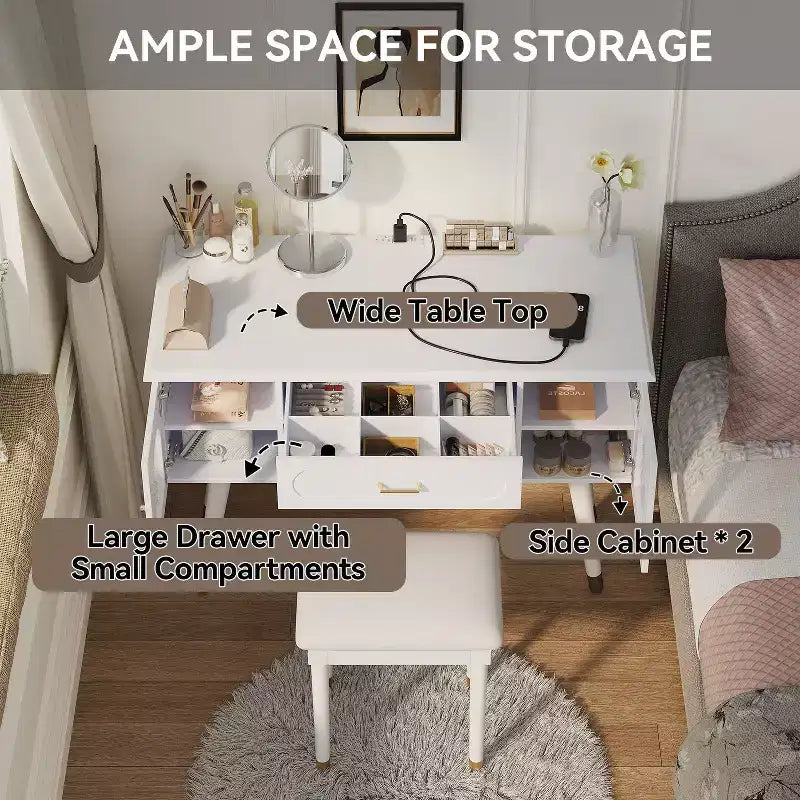 Coiffeuse noire et blanche avec tabouret rembourré, ensemble 2 pièces