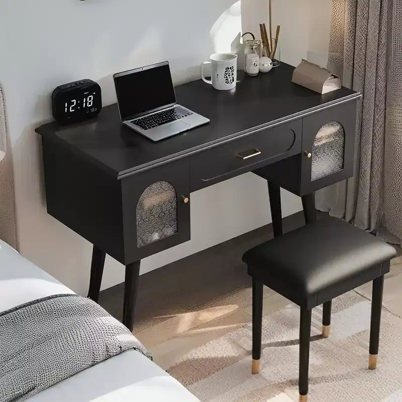 Coiffeuse noire et blanche avec tabouret rembourré, ensemble 2 pièces