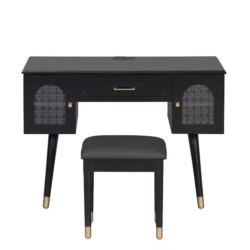 Coiffeuse noire et blanche avec tabouret rembourré, ensemble 2 pièces