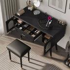 Coiffeuse noire et blanche avec tabouret rembourré, ensemble 2 pièces